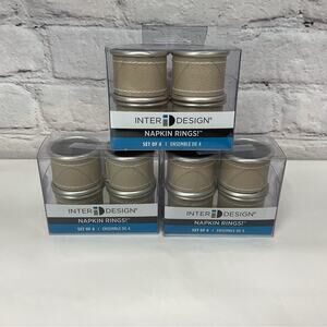 Inter Design Napkin Rings Set of 12 Faux Leather White Stitching Silver Look NIP